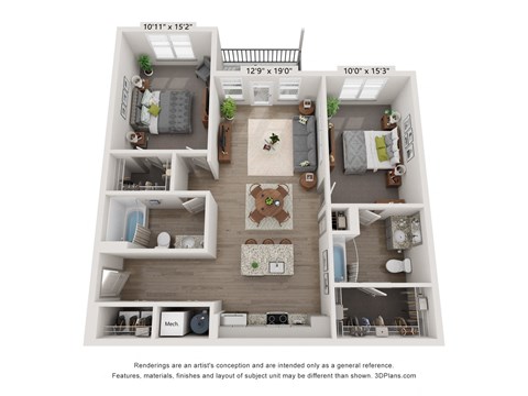 Two-bedroom, two-bath floor plan at Plat 10 Living Windsor CO ideal for entertaining and modern living.